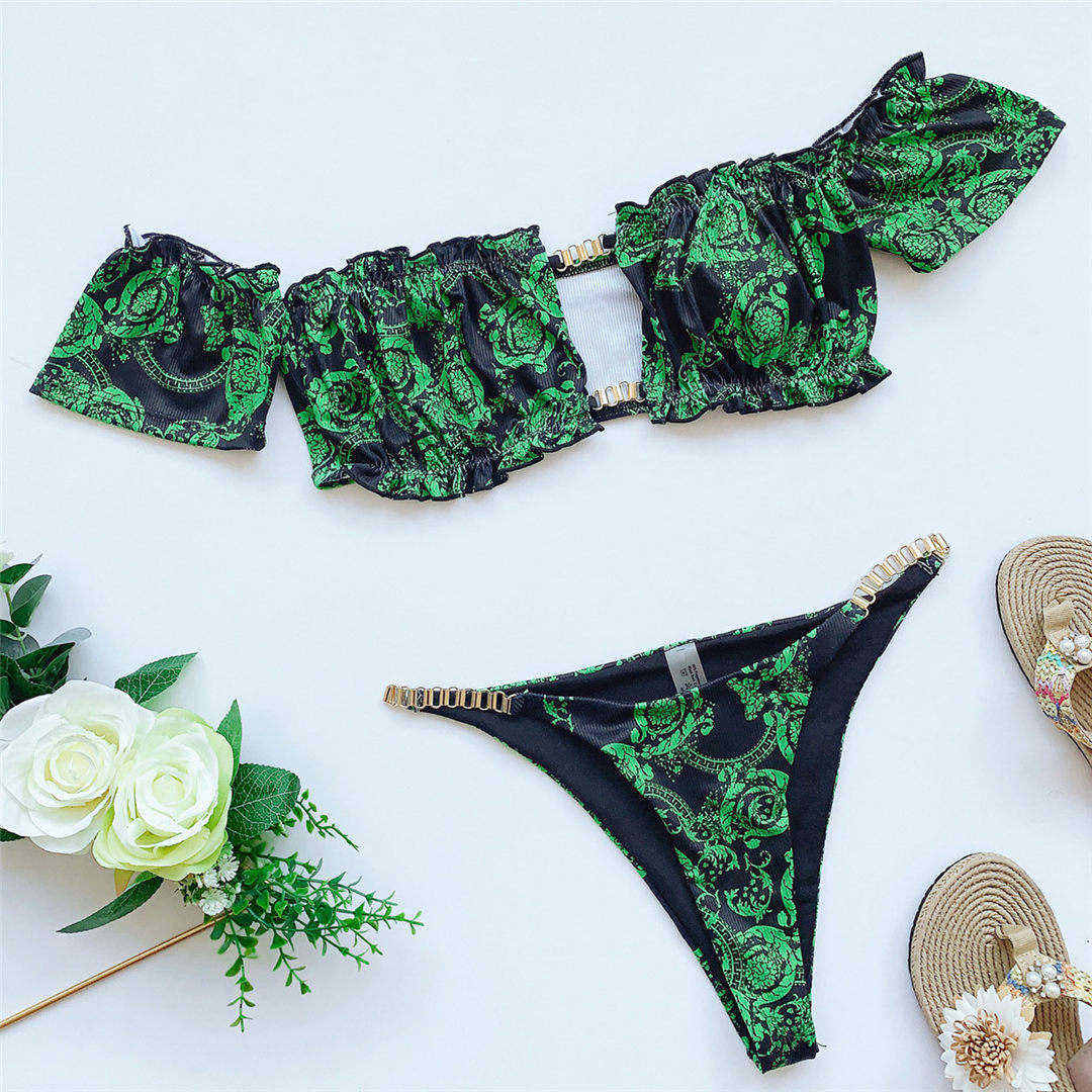 Printed Off Shoulder Bikini Women Swimwear Female Swimsuit Two-pieces Bikini set Ruffled Frilled Bather Bathing Suit Swim V2710