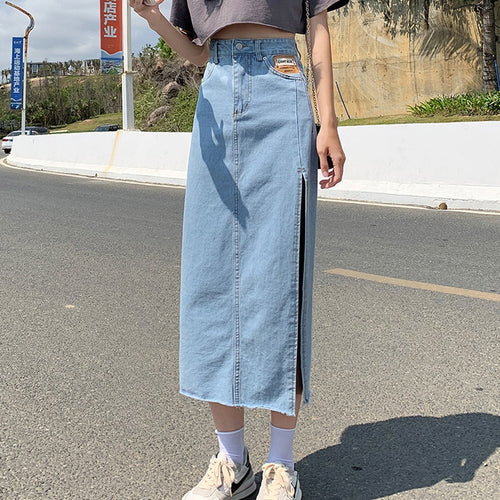 Load image into Gallery viewer, High Waist Women Denim Skirt Split Fashion A Line Streetwear Jeans Long Skirt Korean Black Summer Causal Ladies Faldas
