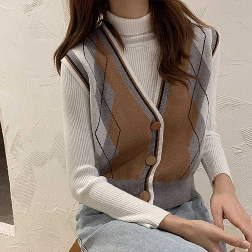 Load image into Gallery viewer, Argyle Women Cardigan Sweater Fashion V Neck Knit Fall Jumper Vest Casual Button Up Female Outwear
