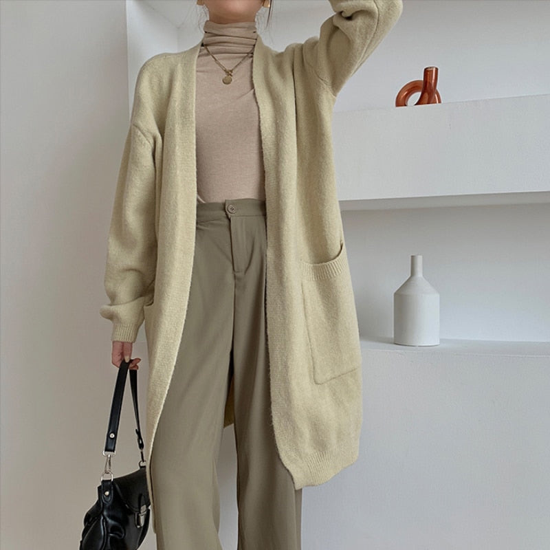 Loose Women Long Cardigans Fall Casual Pocket Knitted Sweater Winter Oversize Korean Fashion Solid Female Coats