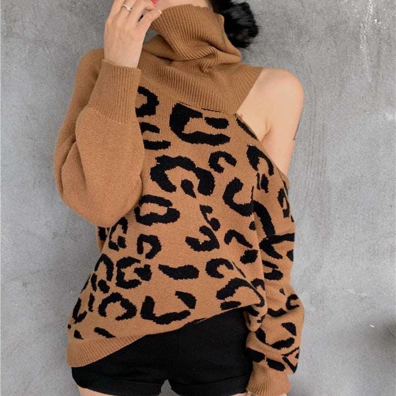 Sexy Off Shoulder Women Sweater Fashion Leopard Pullover Knit Loose Turtleneck Warm Winter Long Sleeve Mujer Coat