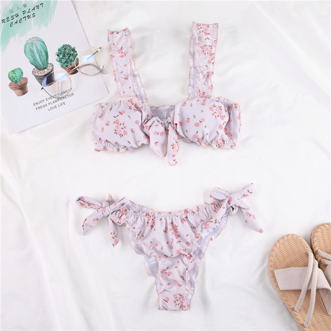 Sexy Pink Flower Knotted Bikini Female Swimsuit Women Swimwear Two-pieces Bikini set Bather Bathing Suit Swim Lady V2684P