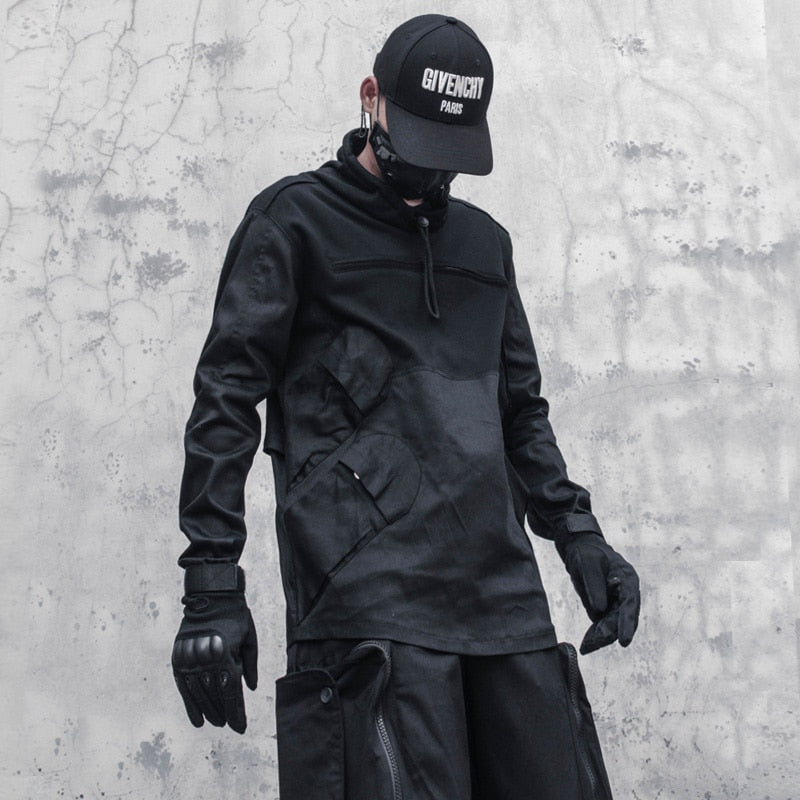 Tactical Functional Turtleneck Sweatshirt Pullover Hip Hop Streetwear 2021 Multi-pocket Black Hoodie Techwear 392
