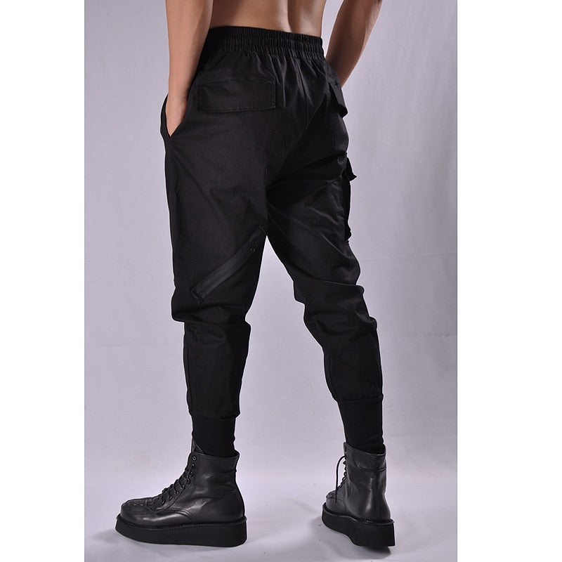 Tactical Functional Cargo Pants Joggers Men Black Elastic Waist Trousers Hip Hop Streetwear Zipper Design Pants Techwear WB376
