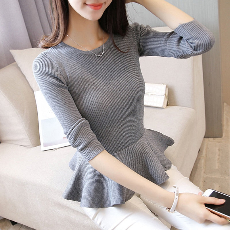 Spring Women Knitted Blouse Fashion Elegant Ruffles Long Sleeve O Neck Tunic Pullover Casual Harajuku Ladies Basic Top