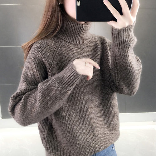 Load image into Gallery viewer, Turtleneck Sweater Warm Thick Loose Knitted Coat Winter Solid Vintage Pullover High Collar Jumper Casual Girls Outwear
