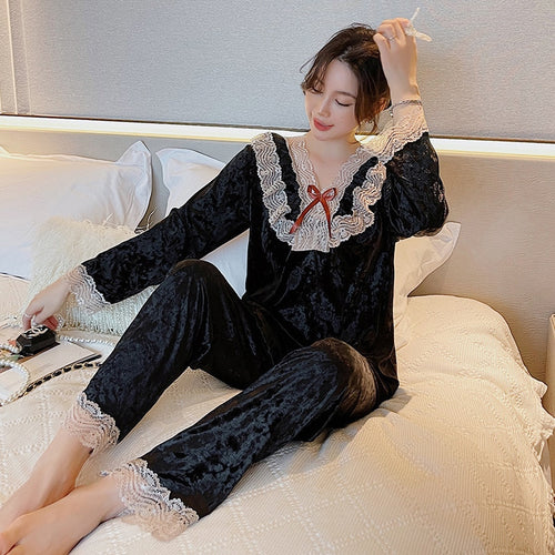 Load image into Gallery viewer, Women&#39;s Pajamas Set Sweet Style Velvet Sleepwear Casual Lace Bow Homewear V Neck Nightwear Pyjamas Femme
