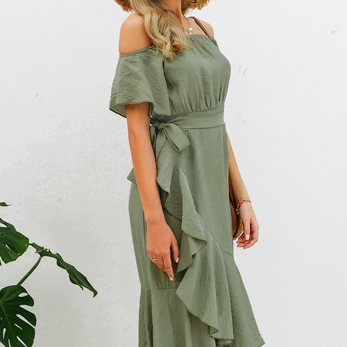 Load image into Gallery viewer, Sexy Off Shoulder Summer High Waist Ruffled Split Short Sleeve Long Dress-women-wanahavit-Green-S-wanahavit
