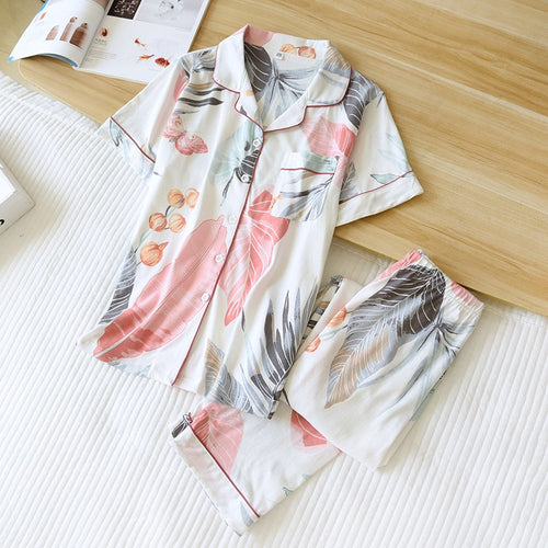 Load image into Gallery viewer, High Quality Women&#39;s Pajamas Set Fresh Leaves Print Sleepwear Natural Cotton Nightwear Leisure Home Clothes for Summer
