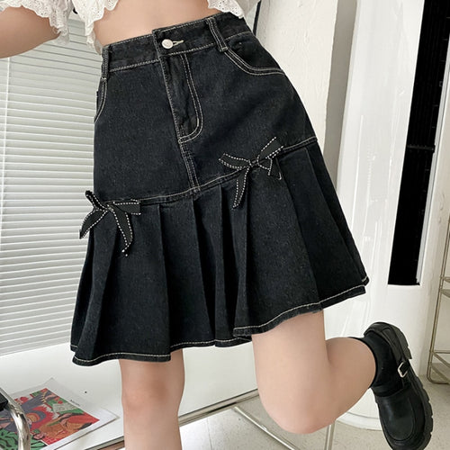 Load image into Gallery viewer, Denim Women Pleated Skirt High Waist Summer Black Bow A Line Mini Skirt Vintage Harajuku Casual Pocket Jeans Girls Skirt

