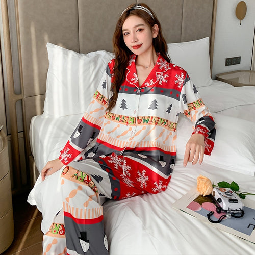 Load image into Gallery viewer, High Quality Women&#39;s Pajamas Set Christmas Print Homewear Silk like Sleepwear Casual Home Clothes Luxury Nightwear Femme
