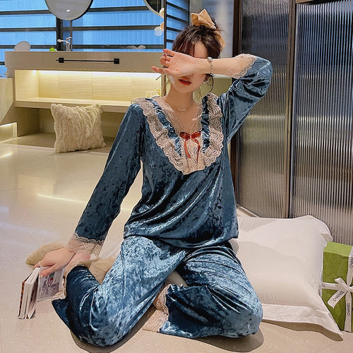 Load image into Gallery viewer, Women&#39;s Pajamas Set Sweet Style Velvet Sleepwear Casual Lace Bow Homewear V Neck Nightwear Pyjamas Femme
