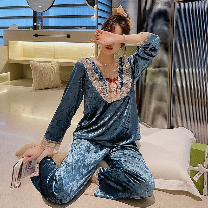 Women's Pajamas Set Sweet Style Velvet Sleepwear Casual Lace Bow Homewear V Neck Nightwear Pyjamas Femme