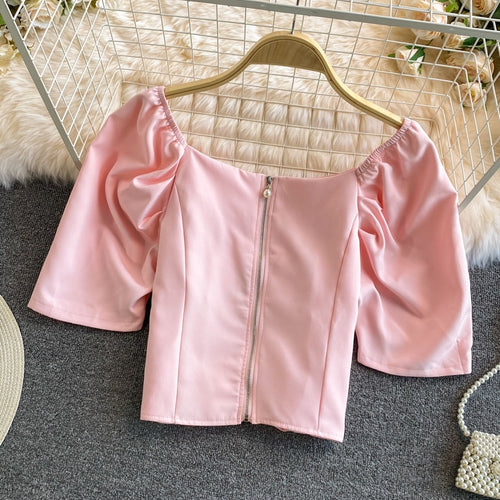 Load image into Gallery viewer, Summer Women Blouse Elegant Square Collar White Beading Pearl Buttons Bow High Waist Puff Sleeve Office Ladies Tops Korean
