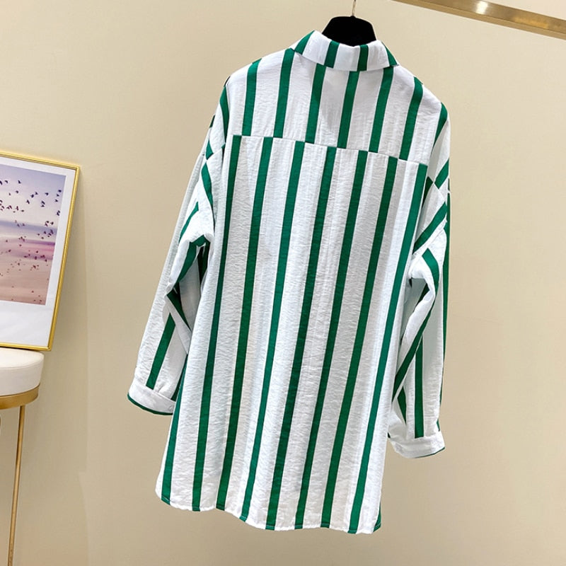 Sweet Women Shirts Summer Fashion Striped Pocket Long Sleeve Loose Button Up Shirt Korean Causal Beach Holiday Pocket Tops