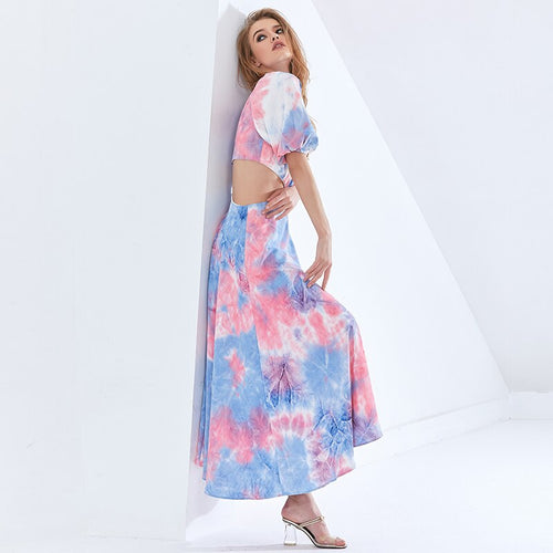 Load image into Gallery viewer, Patchwork Hit Color Asymmetrical Summer Dress For Female Puff Sleeve High Waist Hollow Out Dresses Women
