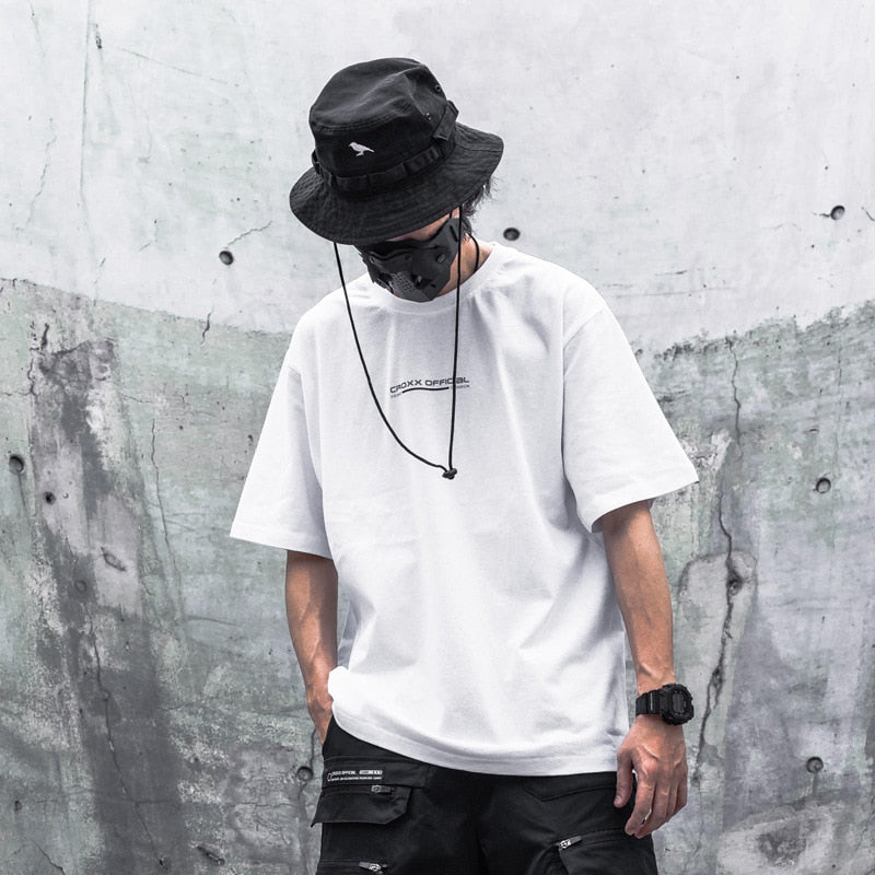 Hip Hop T-Shirt Mens Techwear Print Loose Short Sleeve Shirts Streetwear Cotton Harajuku Tshirt Black WB188