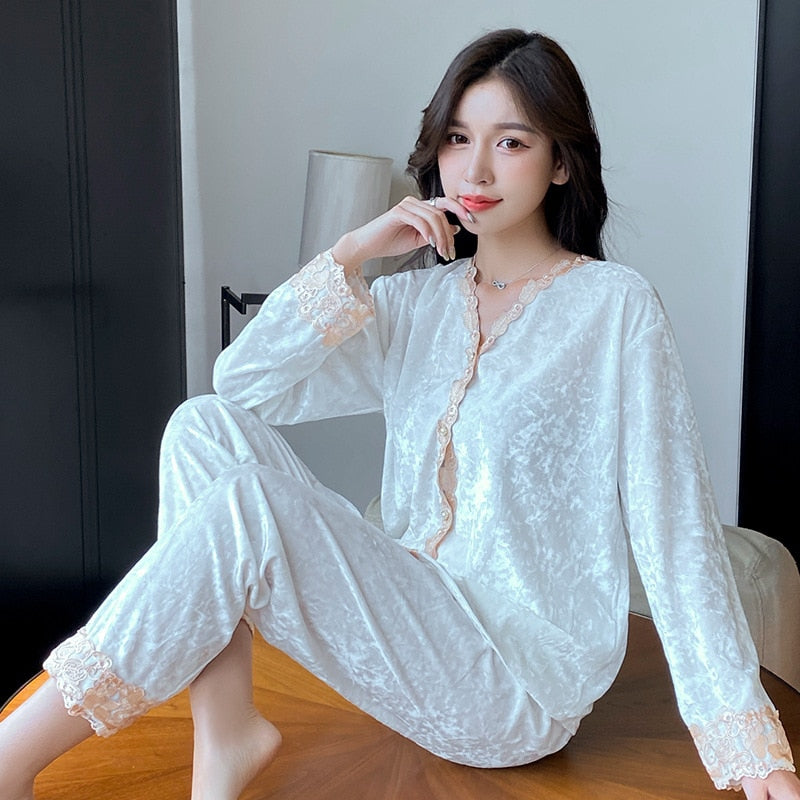 High Quality Women's Pajamas Set Velvet Sleepwear Casual Homewear Lace V Neck Nightwear Plus Size Nightie пижама женская