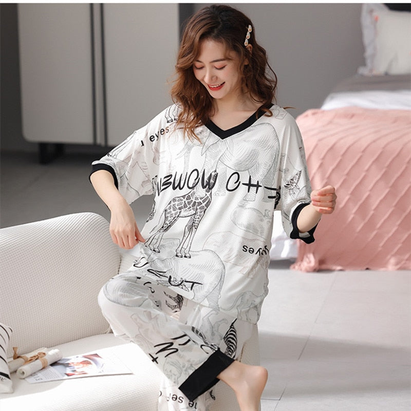 Summer Women's Pajamas Set Fashion Zoo Animals Print Short Sleeve V Neck Sleepwear Modal Nightwear Suit Pyjamas Femme