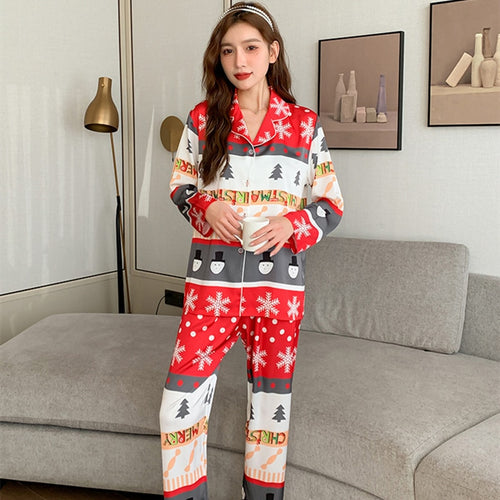 Load image into Gallery viewer, High Quality Women&#39;s Pajamas Set Christmas Print Homewear Silk like Sleepwear Casual Home Clothes Luxury Nightwear Femme
