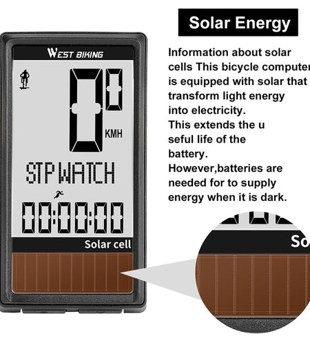 Solar Cell 5 Languages Wireless Bike Computer Auto ON/OFF Cycling Speedometer Odometer Waterproof Backlight Bicycle Stopwatch