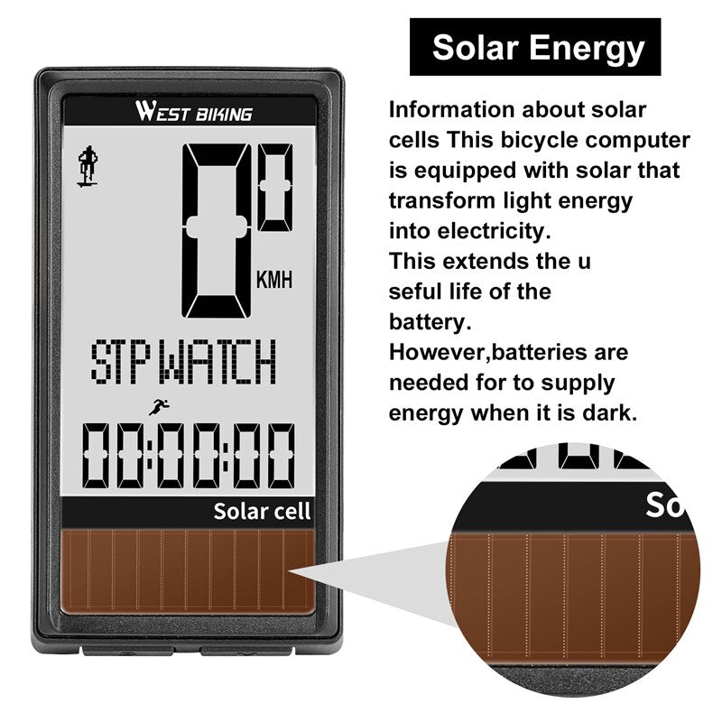 Solar Cell 5 Languages Wireless Bike Computer Auto ON/OFF Cycling Speedometer Odometer Waterproof Backlight Bicycle Stopwatch