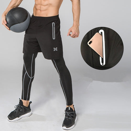 Load image into Gallery viewer, Men Running Tights Shorts Pants Sport Clothing Soccer Leggings Compression Fitness Football Basketball Tights Zipper Pocket 2Pcs
