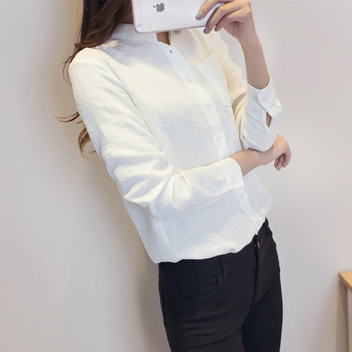 Load image into Gallery viewer, Autumn Women White Shirt Long Sleeve Fashion Stand Collar Cotton Linen Loose Female Blouse Casual Korean Solid Sweet Tops
