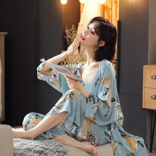 Load image into Gallery viewer, 3 Pieces Soft Autumn Summer Women Pajamas Sets Floral Printed Sleepwear Robe Sling Top Pants Female Leisure Nightwear Suit
