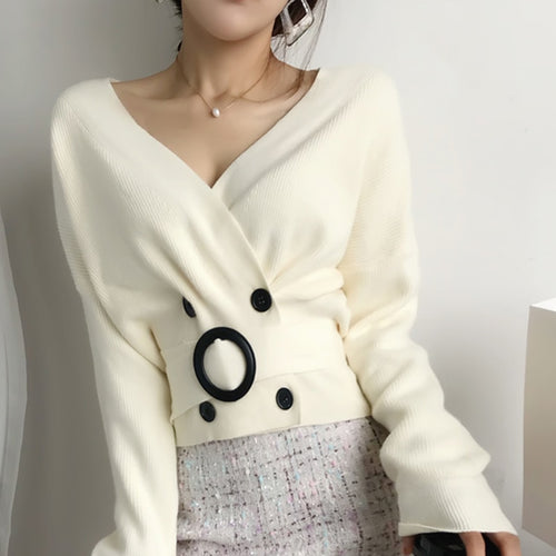 Load image into Gallery viewer, Sexy V-neck Women Knit Sweater Cardigan Autumn Cardigan Long Sleeve Tunic Double Breasted Female Top Casual Korean Sweater
