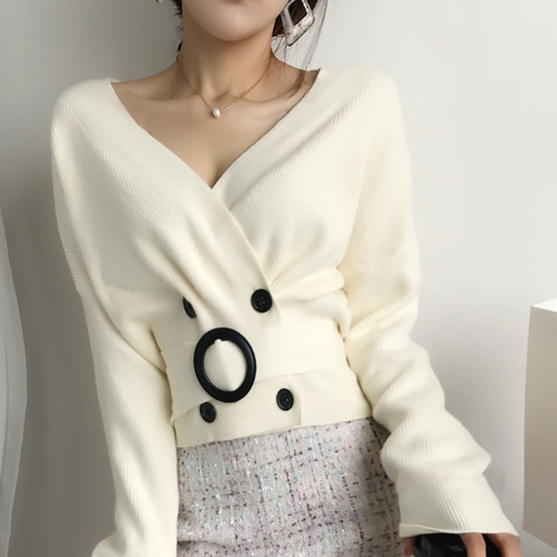 Sexy V-neck Women Knit Sweater Cardigan Autumn Cardigan Long Sleeve Tunic Double Breasted Female Top Casual Korean Sweater