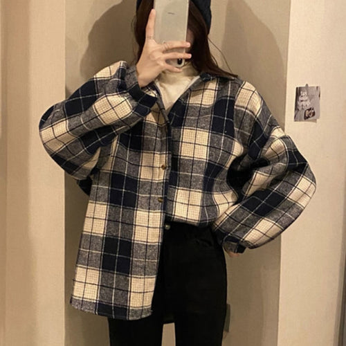 Load image into Gallery viewer, Thick Women Shirts Winter Warm Long Sleeve Vintage Plaid Female Button Up Coffee Ladies Coats Korean Casual Tops
