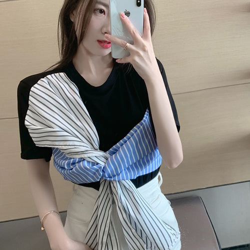 Load image into Gallery viewer, Striped Patchwork Women T Shirt Short Sleeve Summer O Neck Bandage Ladies Tees Korean Casual Designed Female Tops
