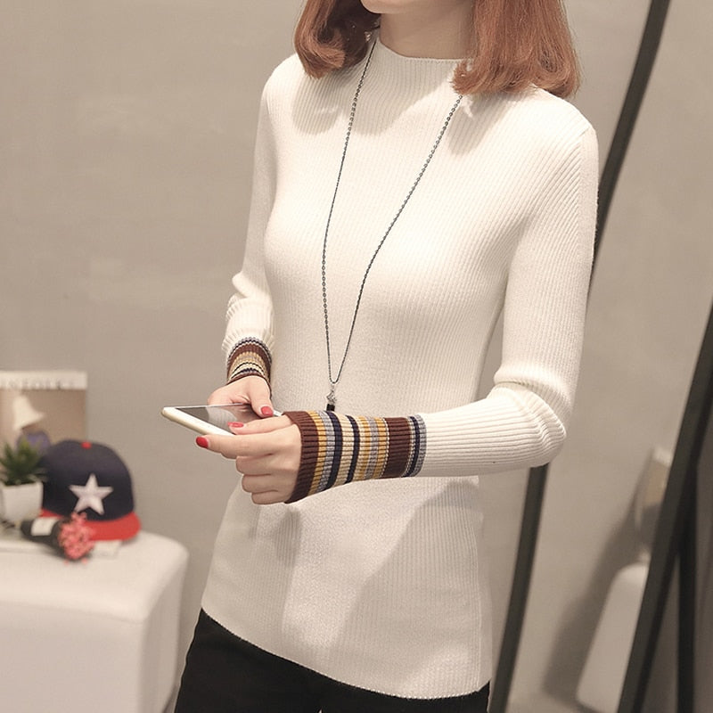 Striped Women Pullover Sweater Fashion Knitted Autumn Female Jumper Casual Korean Half Turtlenck Slim Ladies Base Blouse