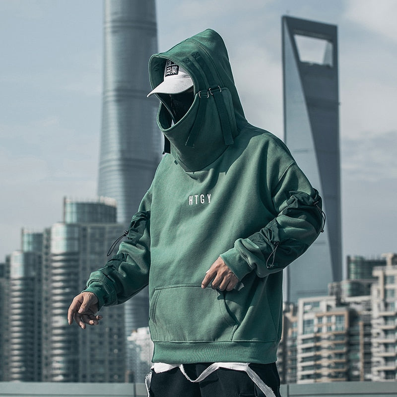 Fish Hooded Sweatshirt Men Hip Hop Streetwear Hoodies Loose Tactics Cargo Sweatshirts Male Green Black BB008