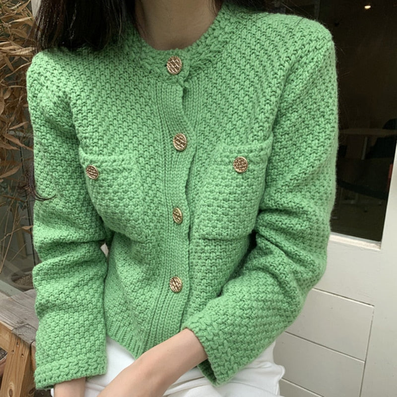 Vintage Women Cardigans Sweater Elegant Single Breasted Autumn Knitted Short Jacket Casual O Neck Korean Female Coats