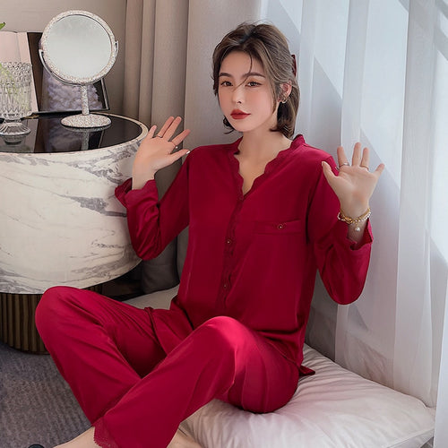 Load image into Gallery viewer, Women&#39;s Pajamas Set Vintage V Neck Lace Sleepwear Silk Like Nightie Leisure Home Clothes Nightwear Pyjamas Femme
