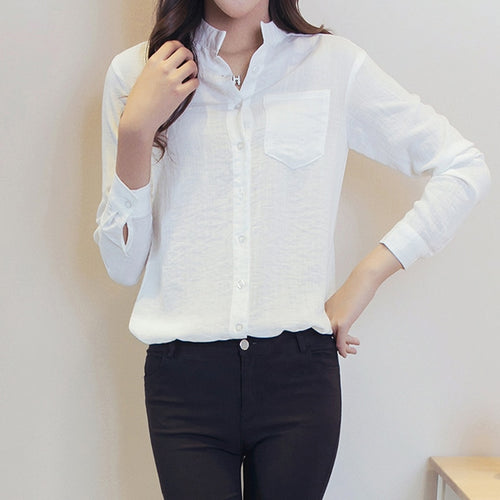 Load image into Gallery viewer, Autumn Women White Shirt Long Sleeve Fashion Stand Collar Cotton Linen Loose Female Blouse Casual Korean Solid Sweet Tops
