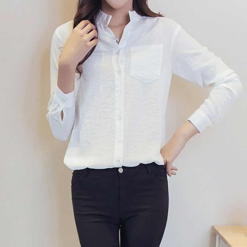 Autumn Women White Shirt Long Sleeve Fashion Stand Collar Cotton Linen Loose Female Blouse Casual Korean Solid Sweet Tops