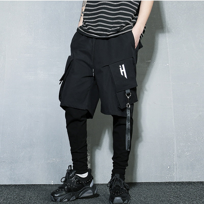 Tactical Functional Cargo Pants Joggers Men Fake two Pieces Trousers Hip Hop Streetwear Pant Black GB246