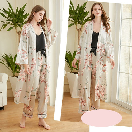 Load image into Gallery viewer, High Quality Women&#39;s Pajamas Long Robe Set Floral Paint Homewear Silk Like Bathrobe Casual Nightwear 3 Pcs Pyjamas New
