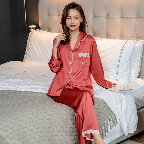 Load image into Gallery viewer, Spring Women&#39;s Pajamas Set Luxury Style Fashion Candy Color Sleepwear Silk Like Nightie Leisure Home Clothes Nightwear Set
