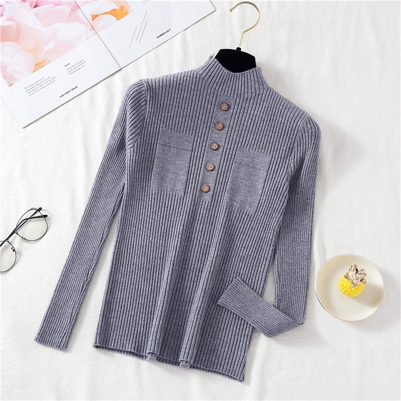 Pullover Women Sweater Autumn Knitted Button Long Sleeve Half Turtleneck Female Jumper Elastic Korean Fashion Blouse Top