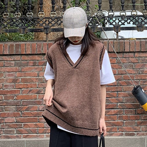 Load image into Gallery viewer, Autumn Simple All Match Vest Women V Neck Black Knitted Sweater Sleeveless Student Tanks Korean Fashion White Waistcoat
