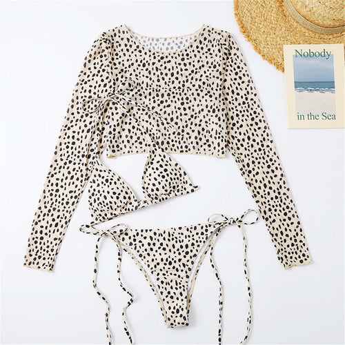 Load image into Gallery viewer, Leopard Printed Bikini Women Swimwear Female Swimsuit Three-pieces Bikini set Long Sleeve Bather Bathing Suit Swim V3193
