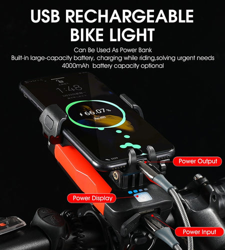 Multifunctional Bike Light Phone Holder Bicycle Horn Bell Power Bank USB Rechargeable LED Lamp Cycling Accessories