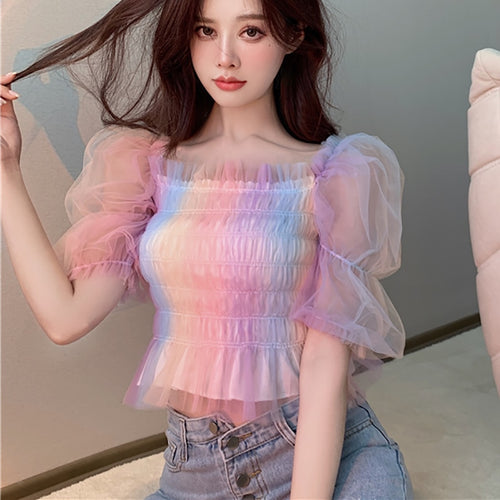 Load image into Gallery viewer, Cute Women Mesh Blouse Summer Puff Sleeve Fashion Rainbow Designed Slim Japan Crop Tops Casual Slim Ladies Blusas
