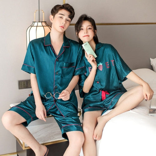 Load image into Gallery viewer, Summer Women&#39;s Pajamas Set Fashion Letter Pattern Short Sleeve Couple Sleepwear for Men Silk Like Leisure Home Clothes Nightwear
