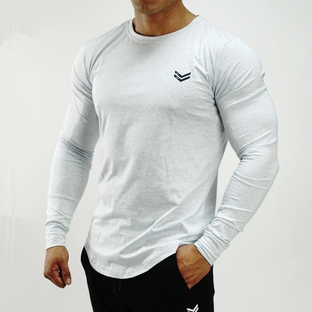 Casual Long Sleeve T-shirt Men Gym Fitness Workout Skinny Shirt Autumn Male Cotton Bodybuilding Tee Tops Sport Training Clothing
