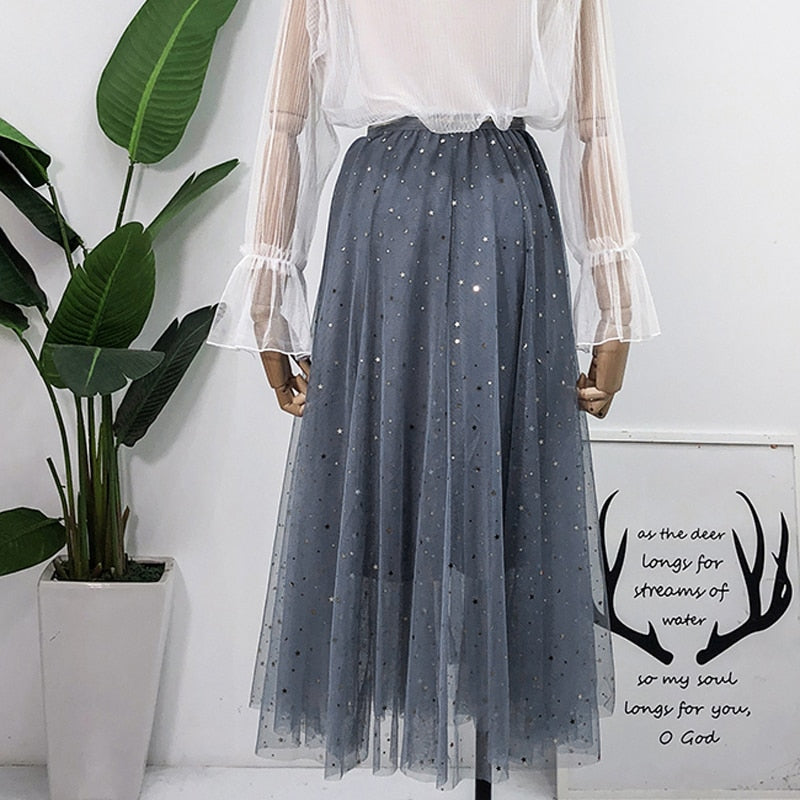 Elegant Korean Women Tulle Skirt Fashion Sequin Star Summer Mesh Ladies Long Skirt Elastic High Waist Party White Skirt